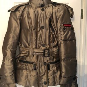 Burberry puffer belted hooded fur trim coat